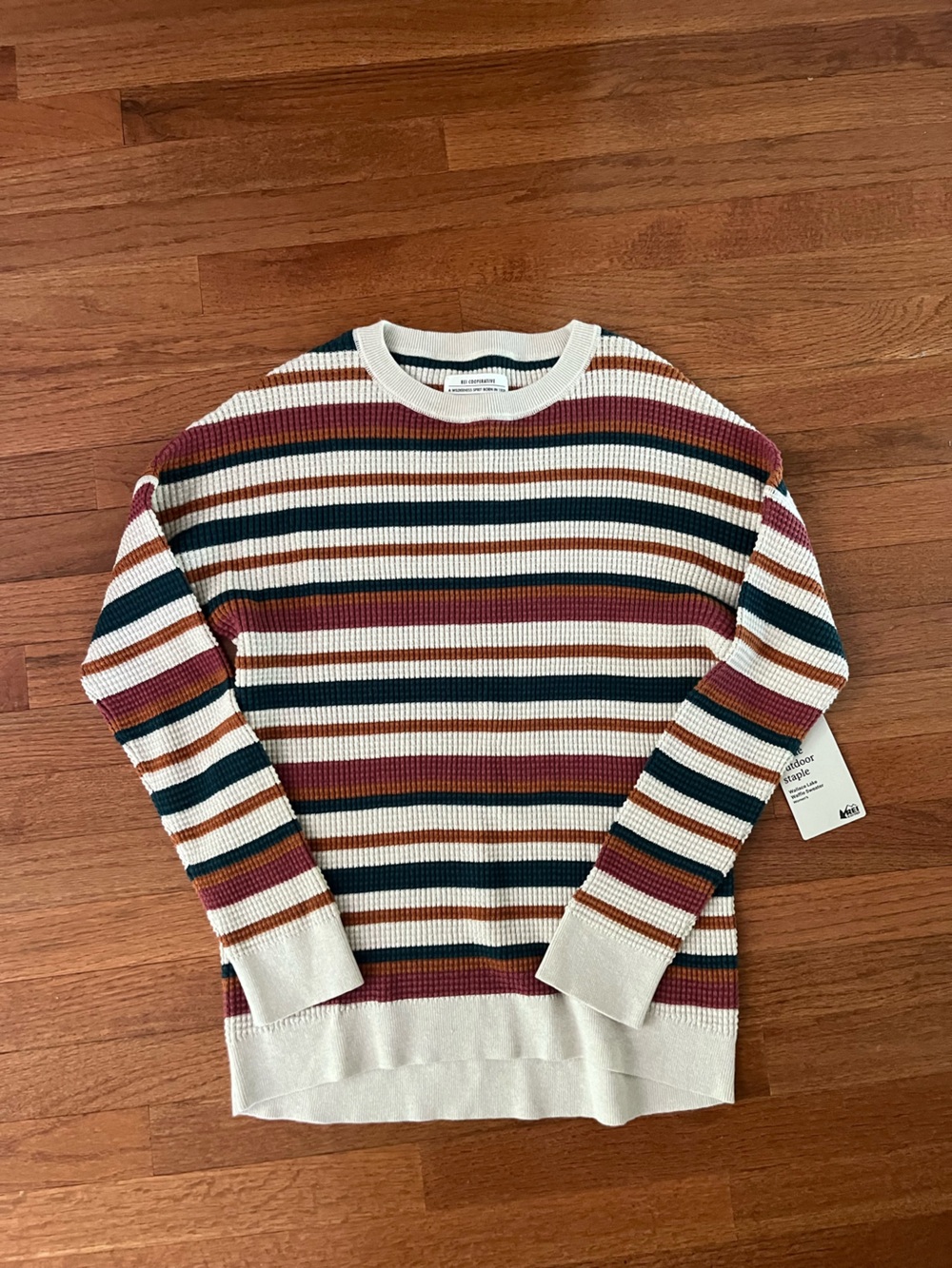 REI Striped Crewneck Sweater in Cream, Rust & Navy